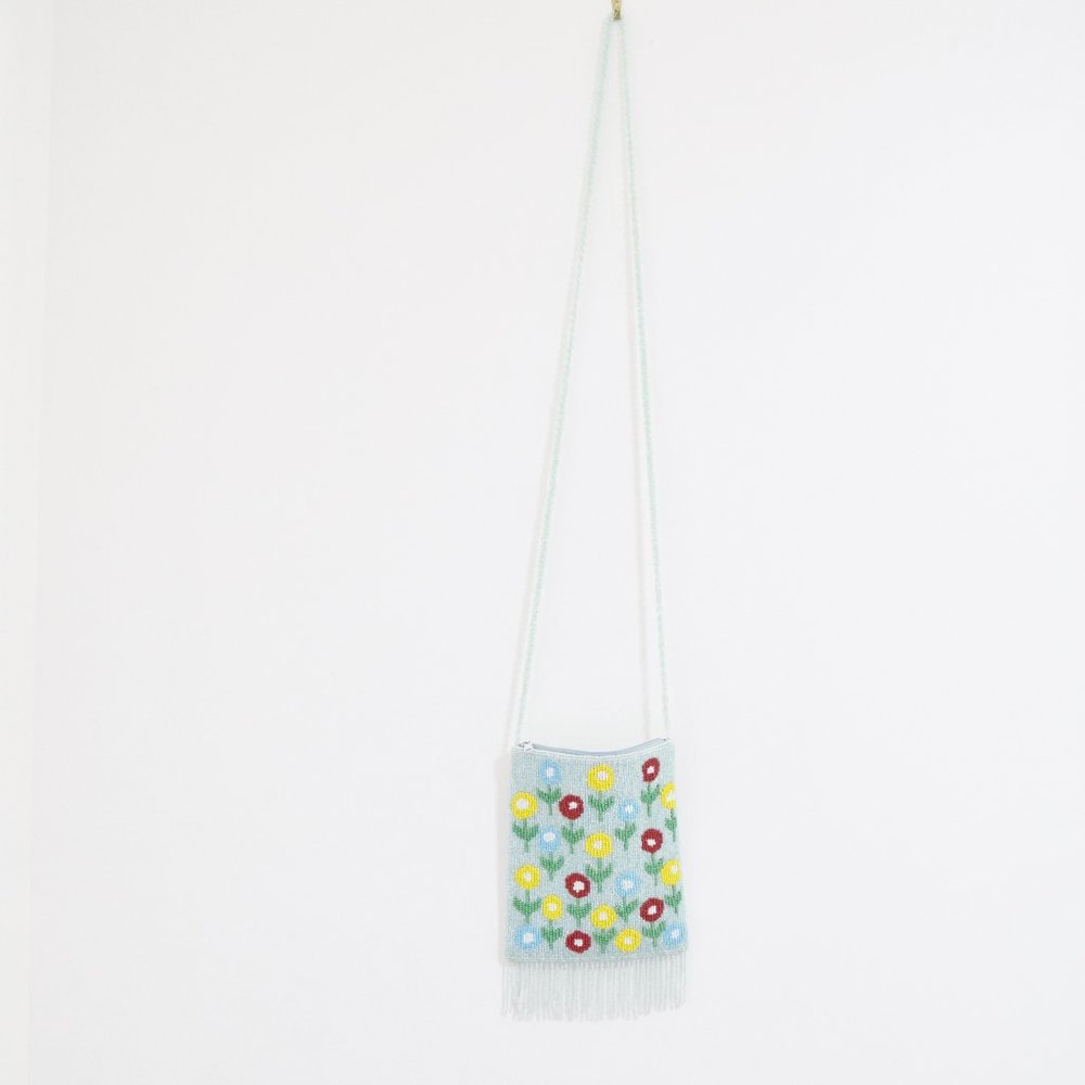 Vintage Light Blue Iridescent Beaded Floral Satin Shoulder Purse